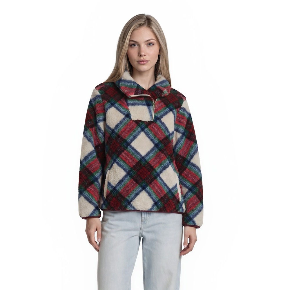 Talbots Plaid Sherpa Fleece Pullover Top Sweater Womens Size 3X Asymmetrical Zip